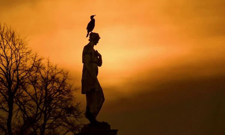 Silhouette of the Diana statue at sunrise