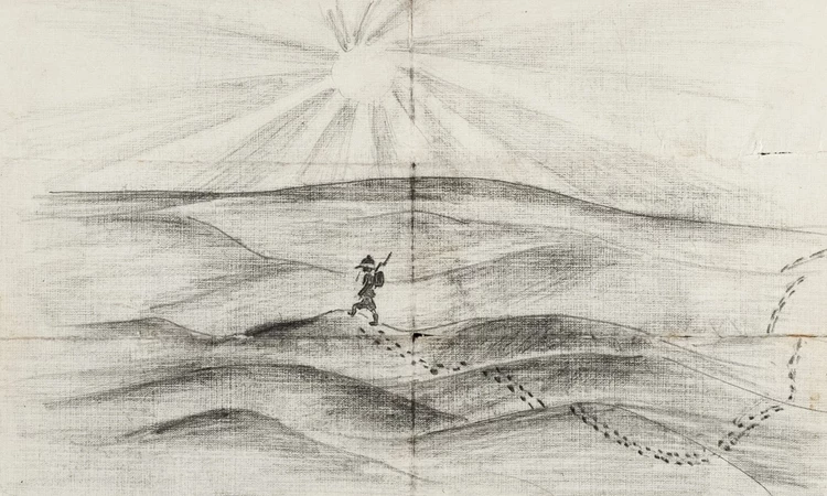 A sketch Hori sent back home, showing him marching across the empty desert in Egypt