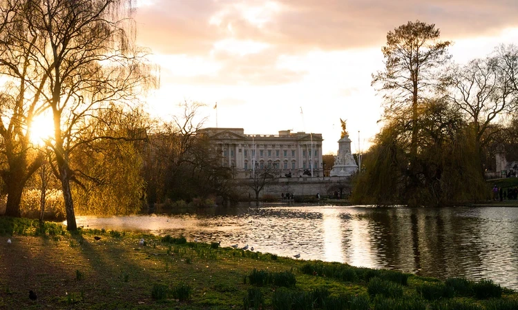 Buckingham Palace viewed from across St. James's Park lake