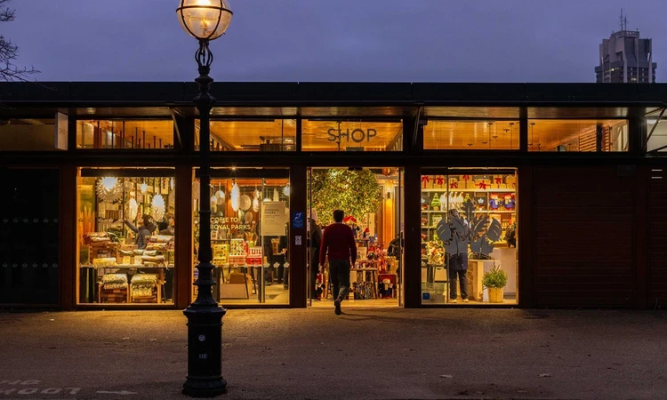 The Hyde Park Shop after dark in winter