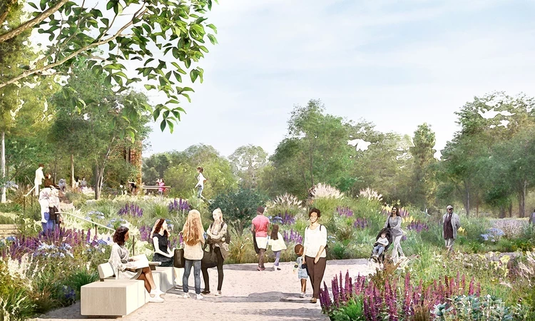 Concept art showing people on a path through a new garden.