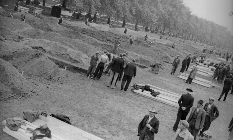 Open space opposite the Wellington Barracks in Hyde Park, London, being transformed to accommodate air raid shelters, 1938