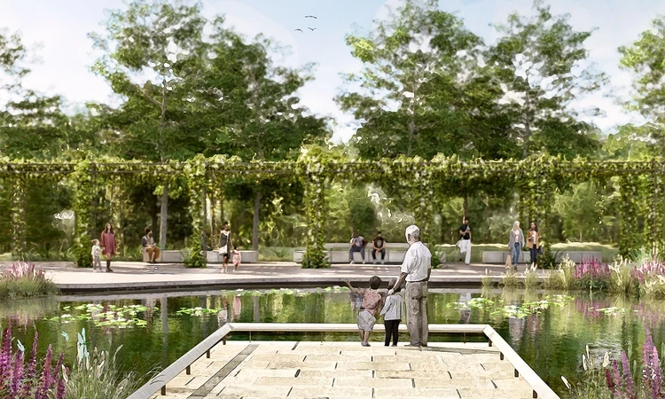 Concept art of a man and two children standing on a pond jetty.