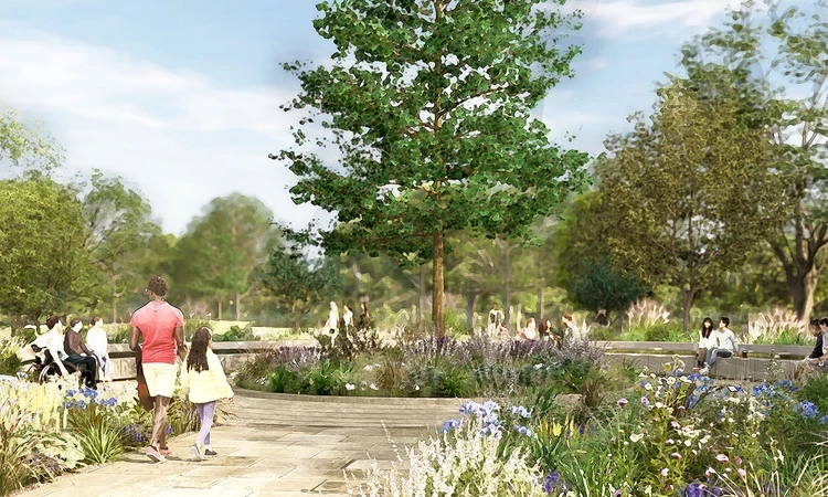 Concept art of a round seating area with a central tree.