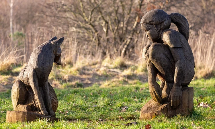 Girl and Fox wood carving by Tom Harvey