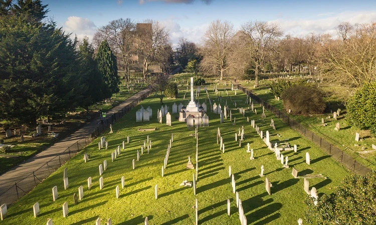 Aerial view of graves in Brompton Cemetery