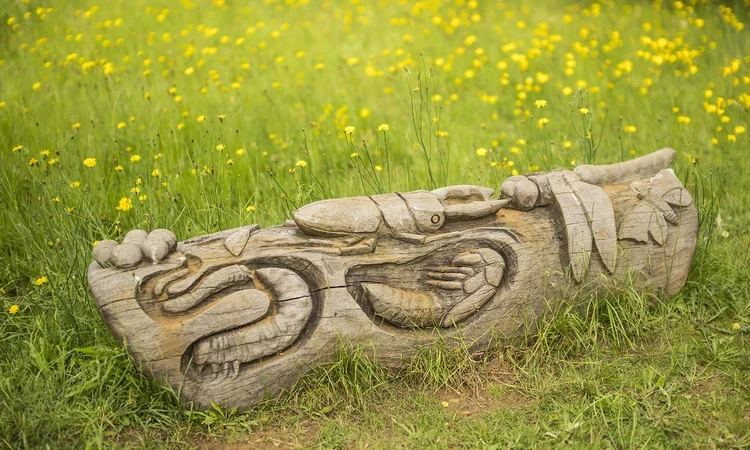 A beautifully carved log lying among yellow wildflowers