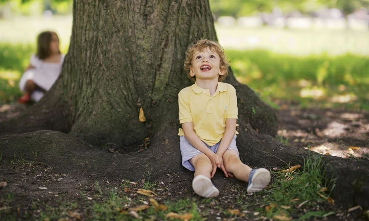 Young boy sitting under a tree, looking up in wonder