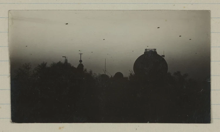 Black and white photograph showing Second World War barrage balloons over Greenwich Park