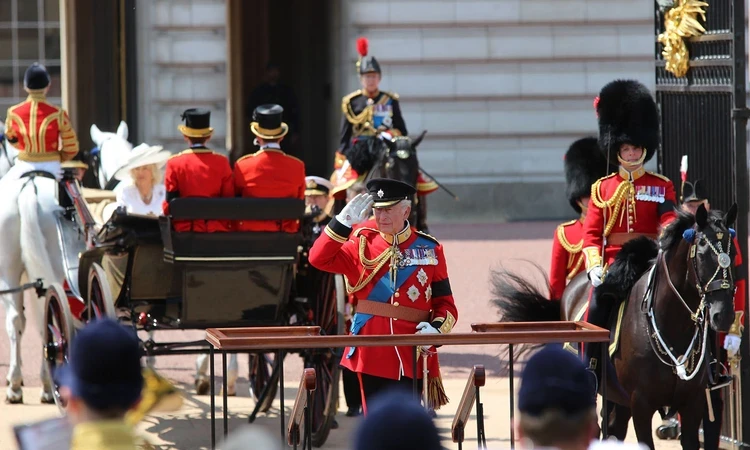 King Charles III saluting during Trooping the Colour