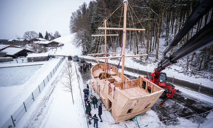 Aerial view of the new wooden galleon in the snow