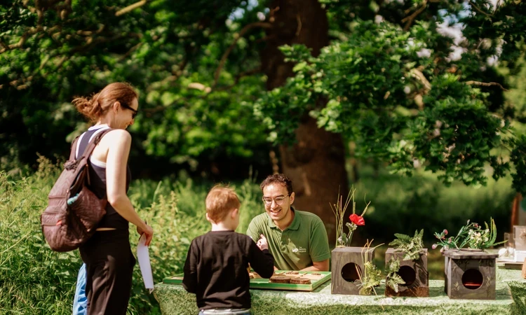 A mother and child playing a nature game at a table with a member of staff