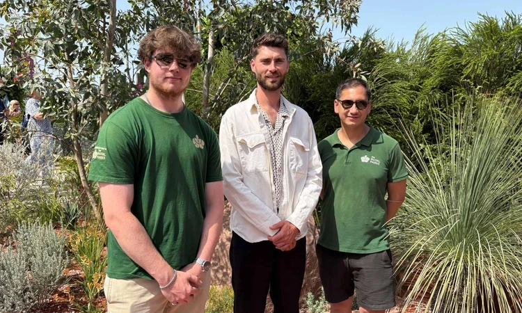 Max Parker-Smith (centre) with Russell Stevens (right) and Royal Parks apprentice (left) at The Journey Beyond the Tracks from Adelaide to Perth at the 2026 RHS Che (002)