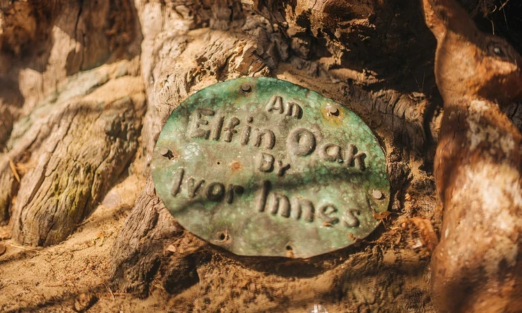 Close up of Elfin Oak artist plaque