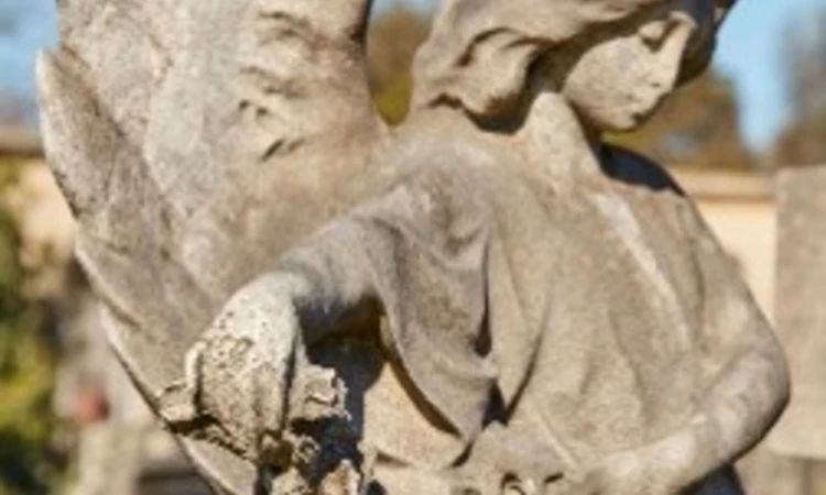 Side single of a stone angel statue with her hand on a pillar