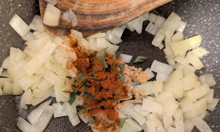 Chopped onion and paprika in a pan