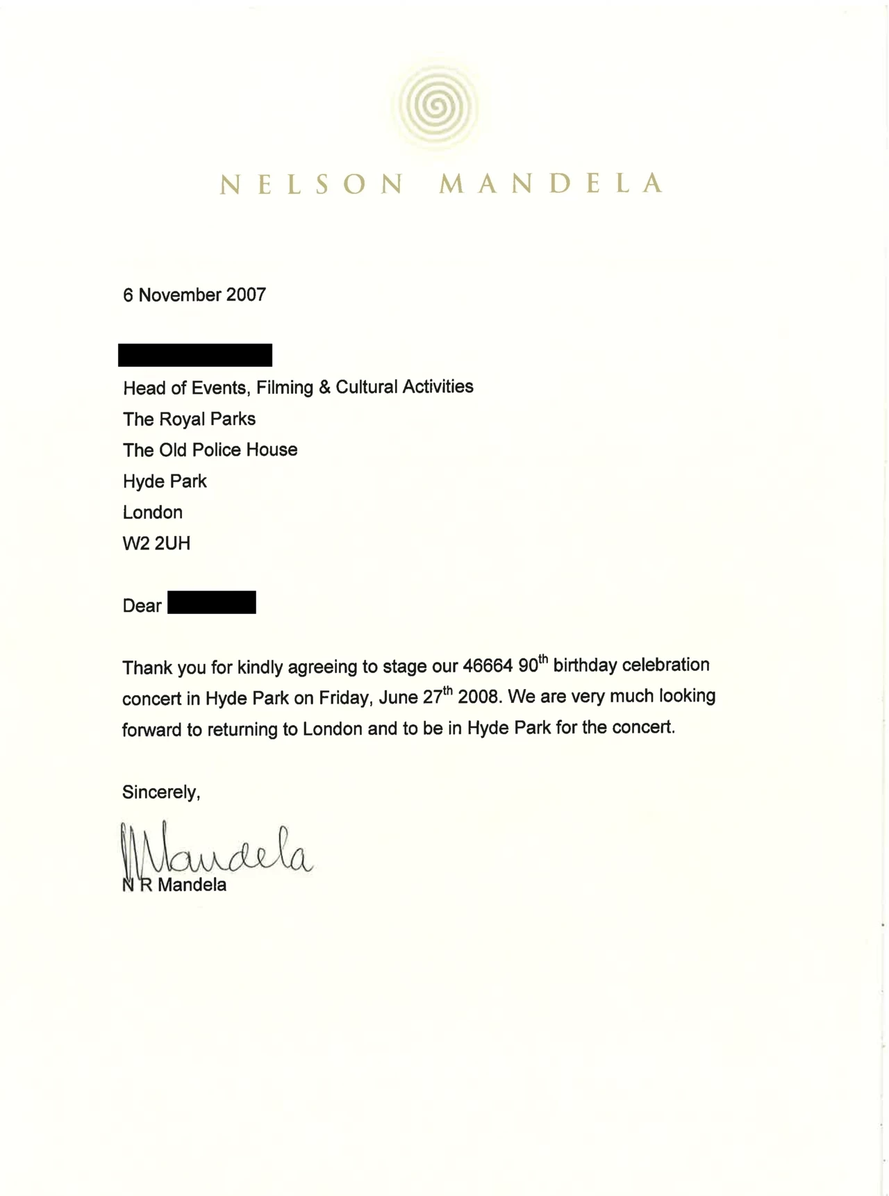 Letter from Nelson Mandela to The Royal Parks in 2007, accepting the invitation to attend the Hyde Park concert © Nelson Mandela Foundation / 46664