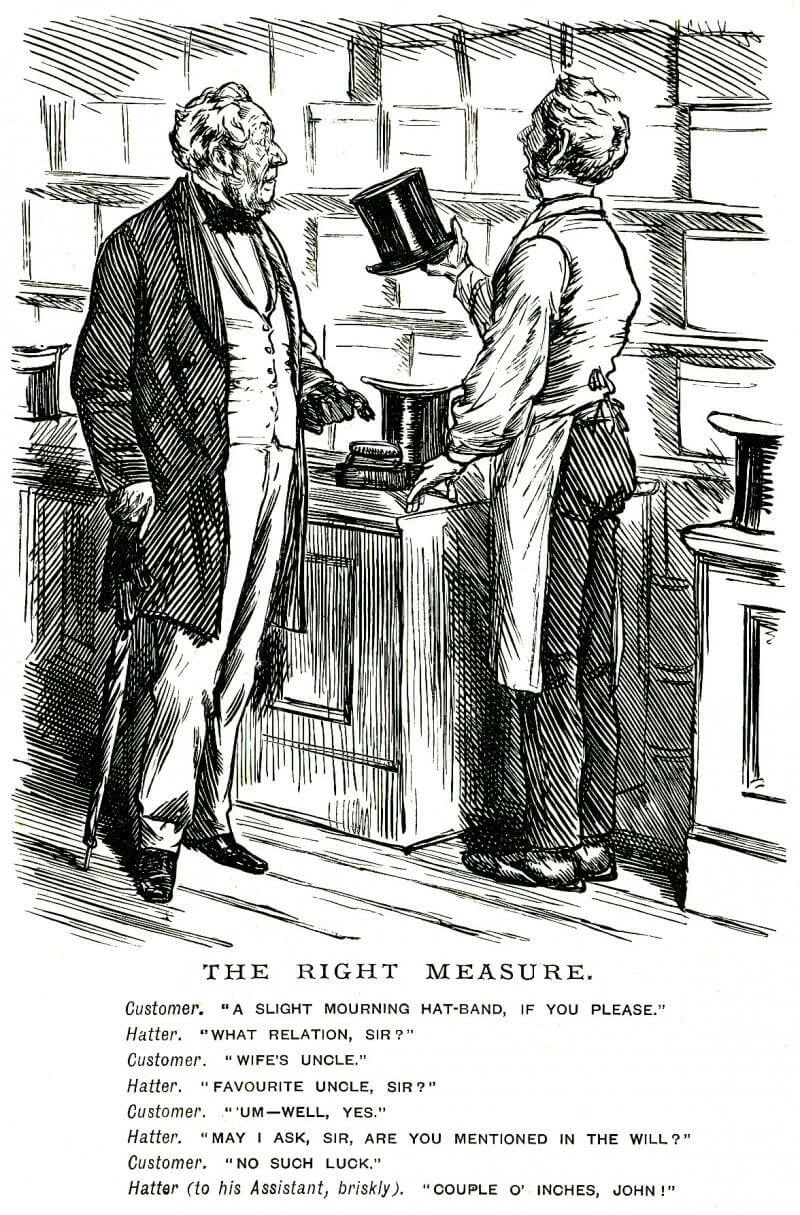 Cartoon of man and hatter in a hat shop