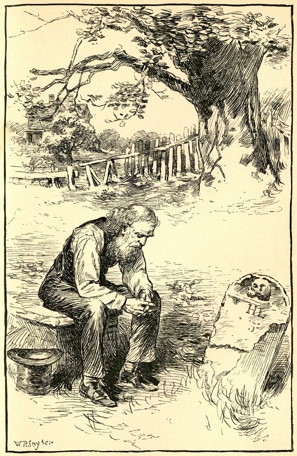 Man mourning at grave engraving.