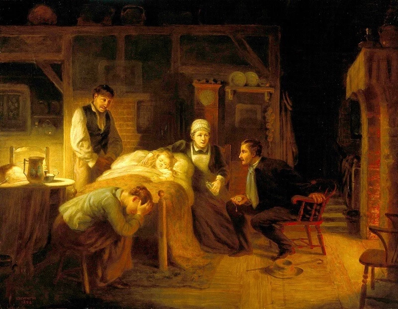 Sick child oil painting