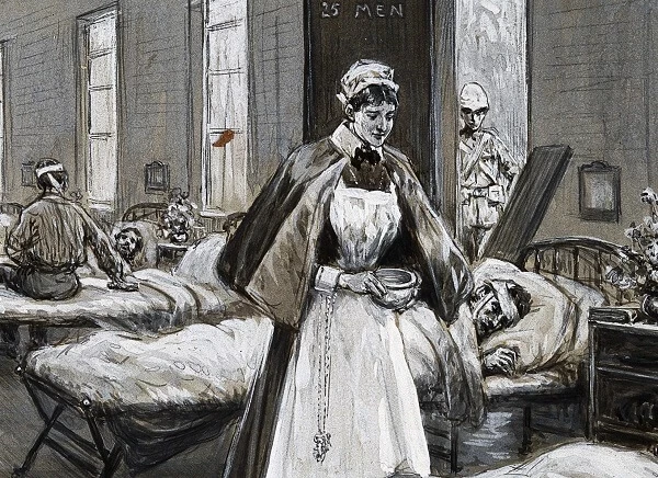 Drawing of a busy ward in a military hospital