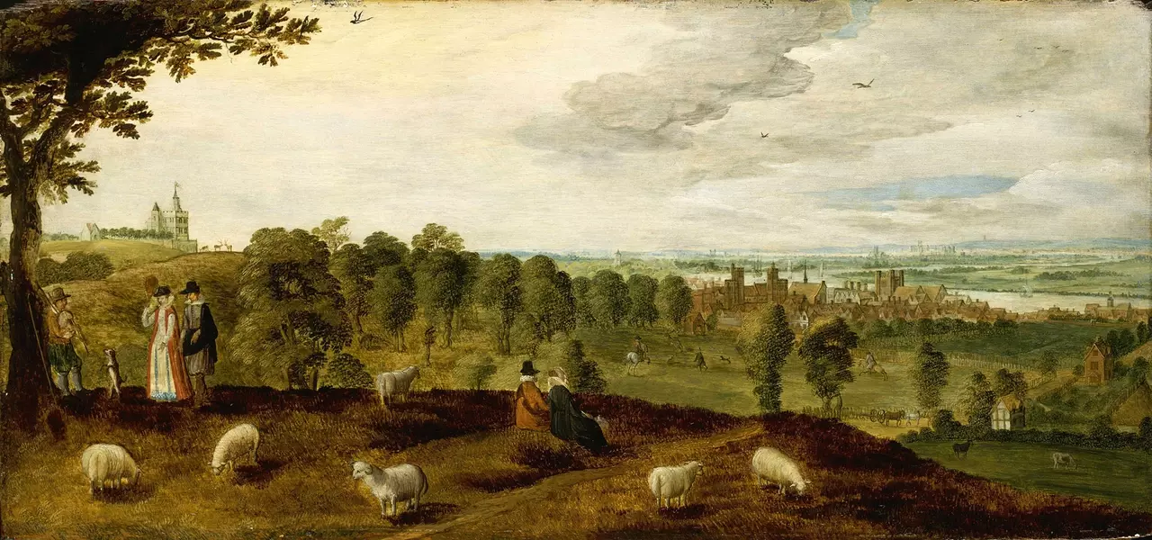 Painting of Greenwich Park from the south-east showing the Park and Tudor palace, c.1620