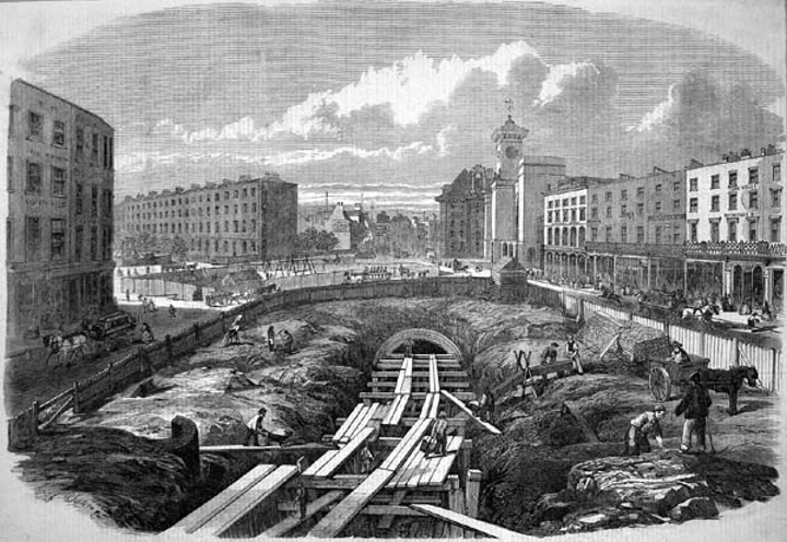 Building the underground Metropolitan Railway, near Kings Cross station. It opened in 1863.