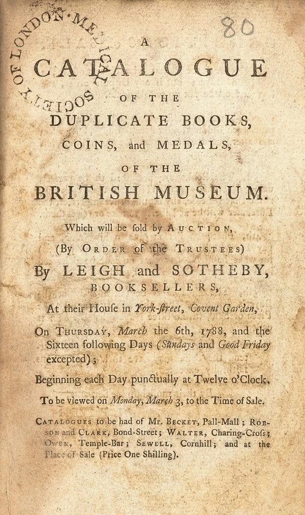 Cover of the 1788 Leigh & Sotheby catalogue
