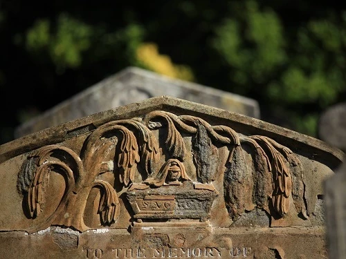 This weeping willow, carved on one of the cemetery’s headstones, is a symbol of mourning and loss.
