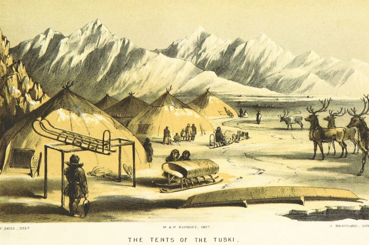 Illustration of people, tents, reindeer