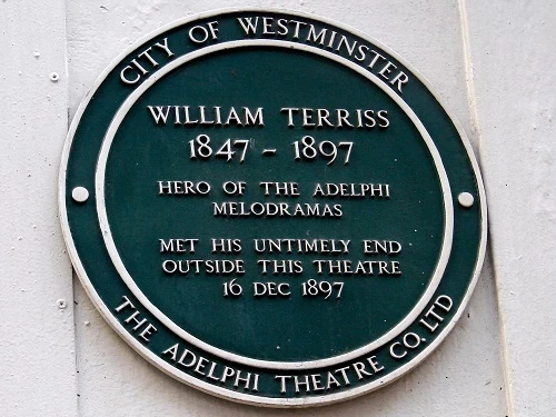 A green plaque at the stage door of the Adelphi Theatre records Terriss’s fatal stabbing.