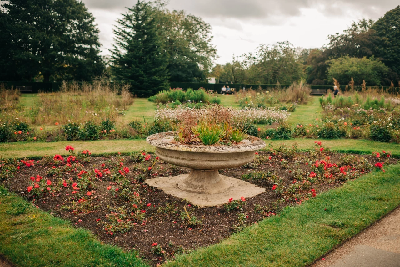 A stone planter in the Greenwich Rose Garden