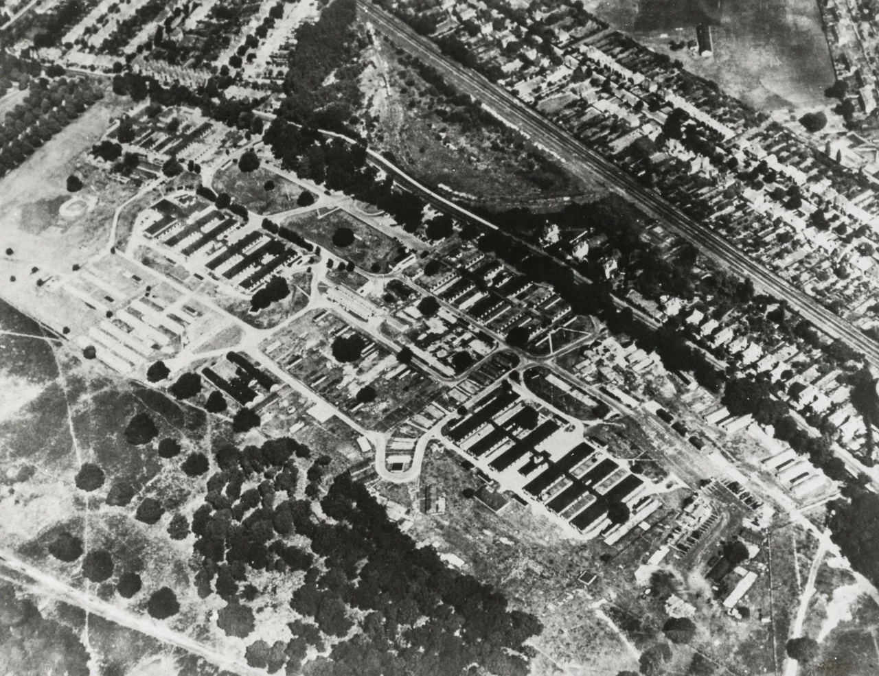 Aerial photograph of Camp Griffiss, Bushy Park, in the Second World War