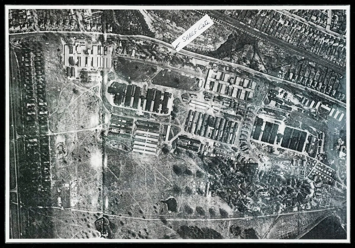 A black and white bird's eye view of Camp Griffiss in Bushy Park