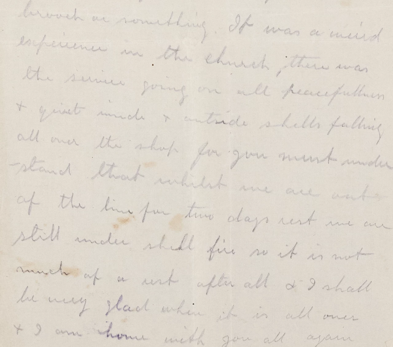 A extract from one of Hori Tribe's letters - it begins: 'It was a weird experience in the church. There was the service going on all peacefulness and quiet inside and outside shells falling all over the shop'