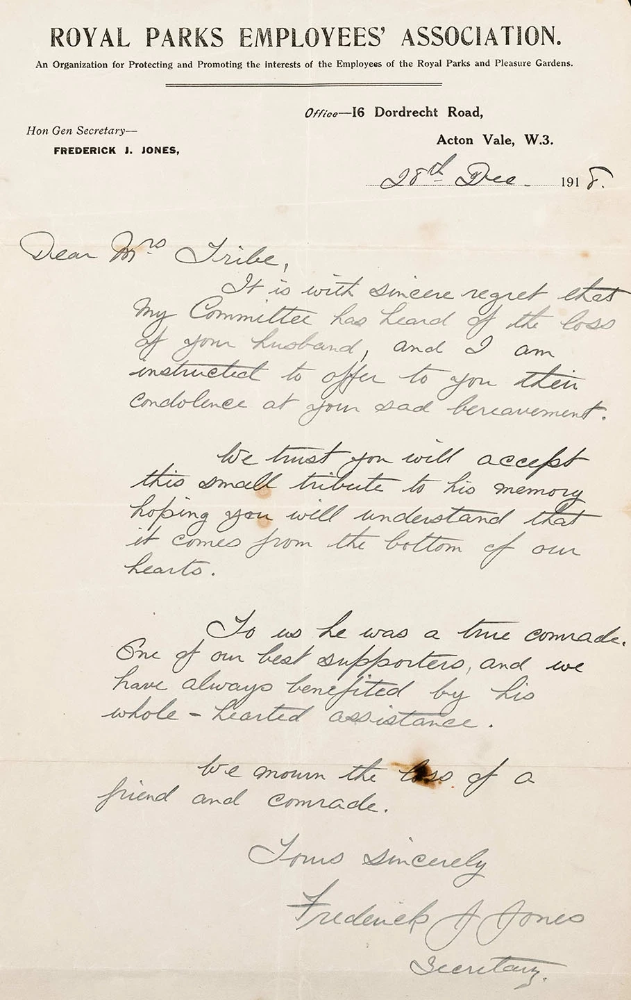 Letter sent to Bessie Tribe by the Royal Parks Employees' Association on the death of her husband, Hori