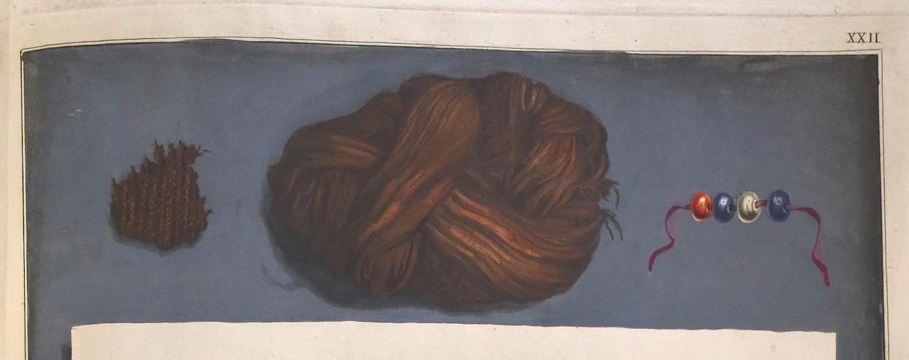 Watercolour images of a scrap of fabric, a ball of hair and a string of coloured beads - finds from Douglas's excavation of the barrows in 1784