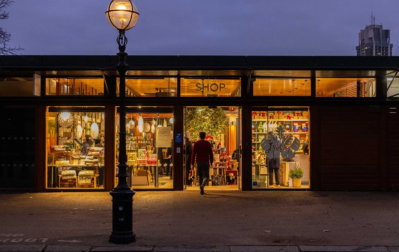 The Hyde Park Shop after dark in winter