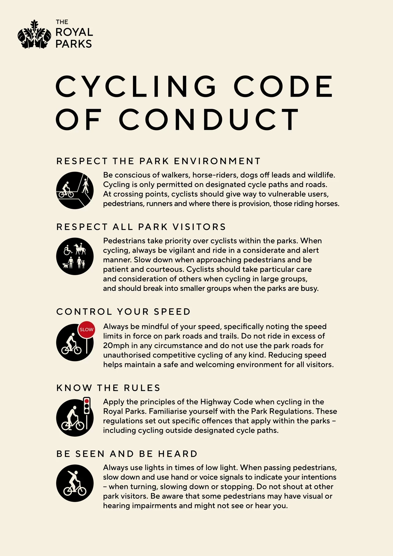 The Royal Parks cycling code of conduct, icons and text