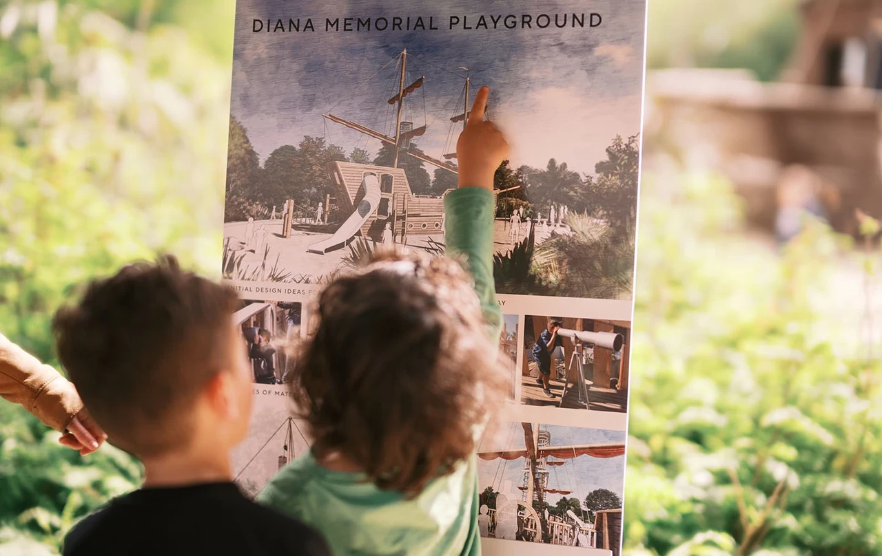 Children looking at concept images of the new Diana Memorial Playground