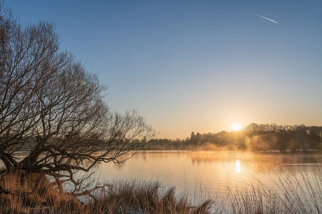 The sun rising over the still water