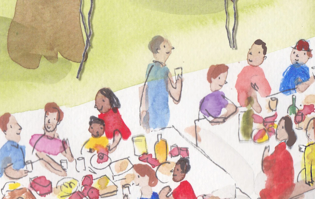 Painting of people having a picnic lunch