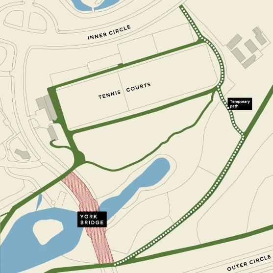A map of the area around York Bridge showing alternative routes available and lit pathways