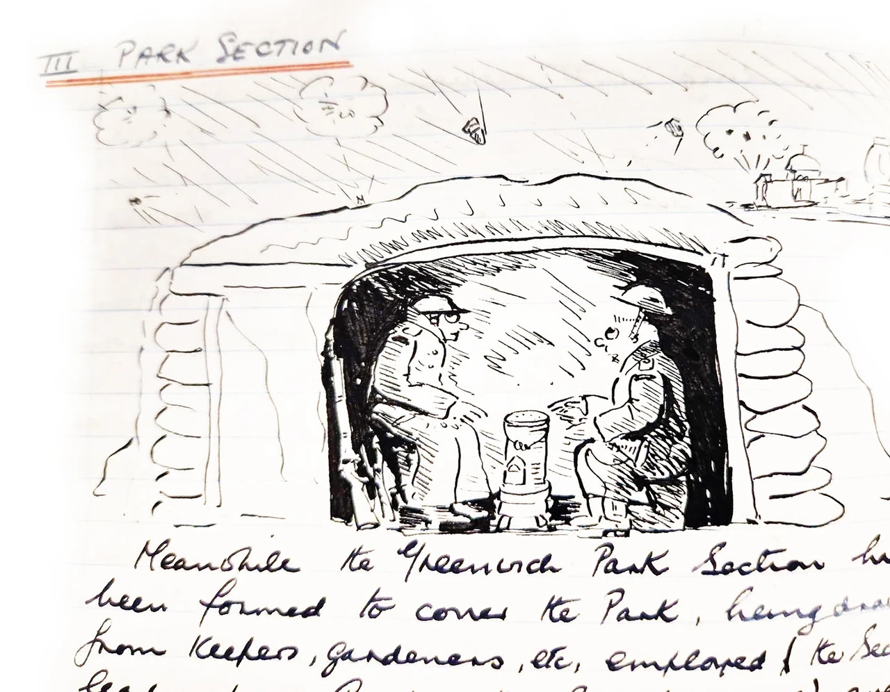Illustration of soldiers in an Anderson shelter in Greenwich Park