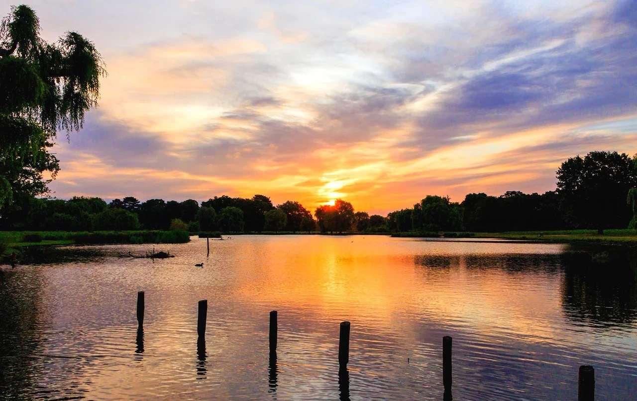 Low sunset reflecting in the still waters of a lake