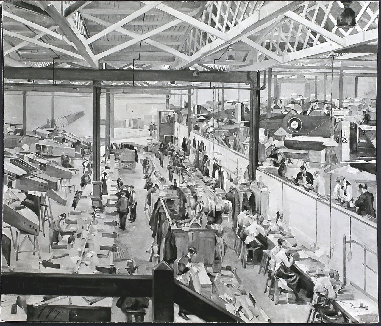 Black and white painting depicting the inside of a First World War aircraft factory