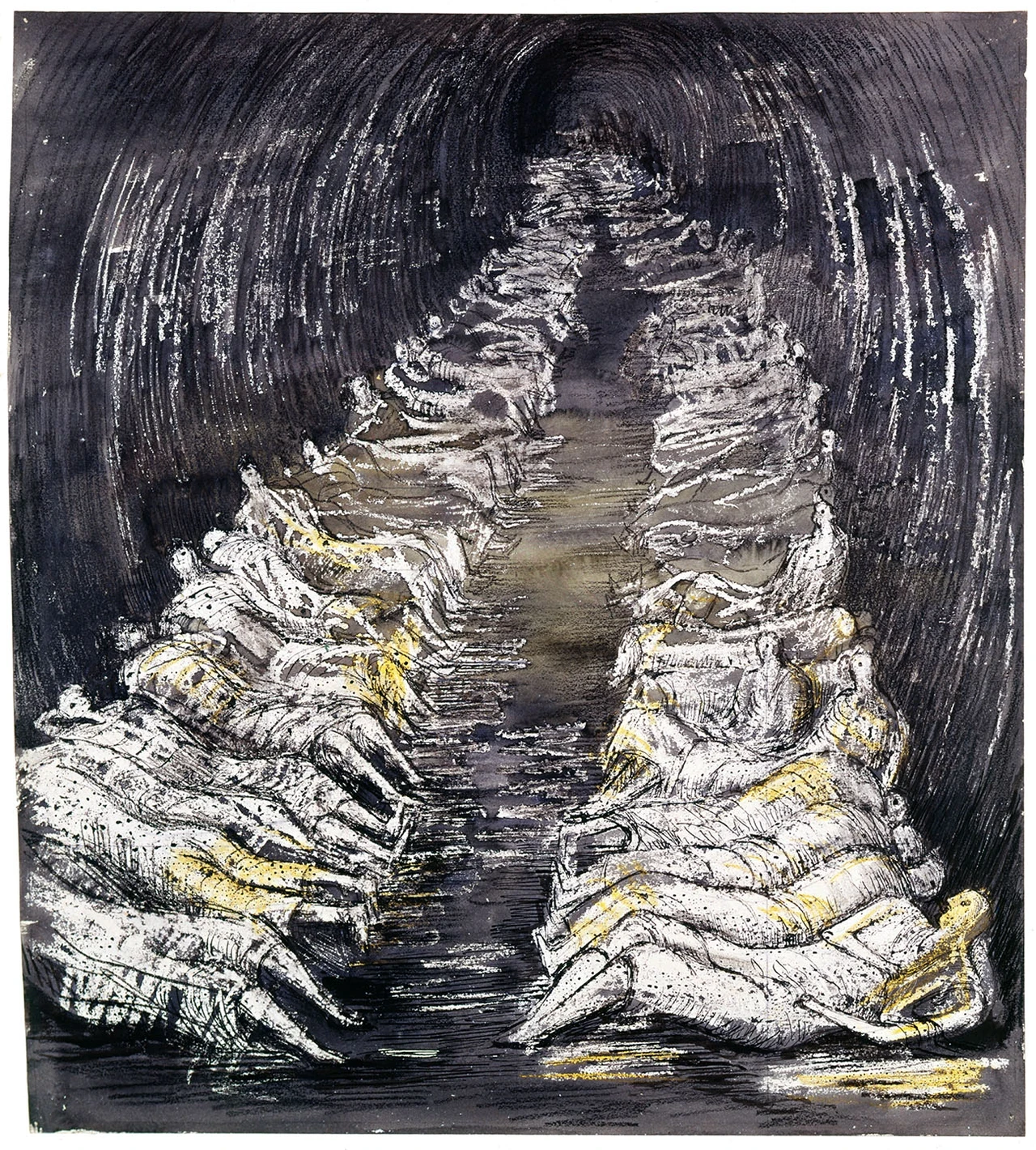 Painting of people sheltering in an underground tunnel during The Blitz.