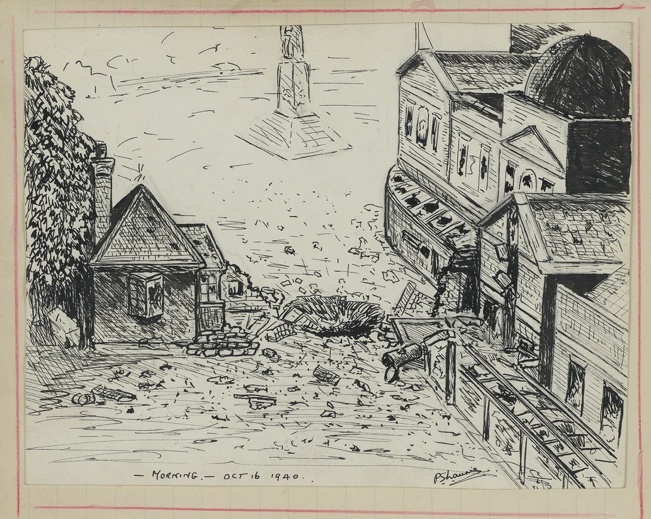 Illustration of bomb damage to the Royal Observatory