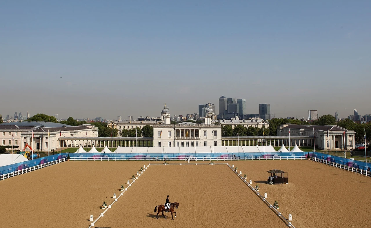 Horse completing a dressage routine in front of Queen's House, Greenwich