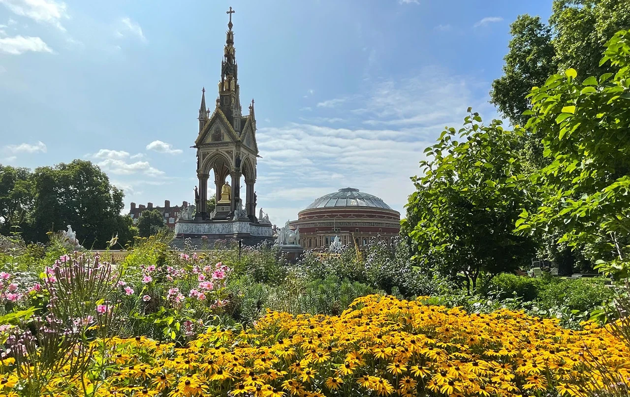 View of the Albert Memorial and Royal Albert Hall from the South Flower Walk.